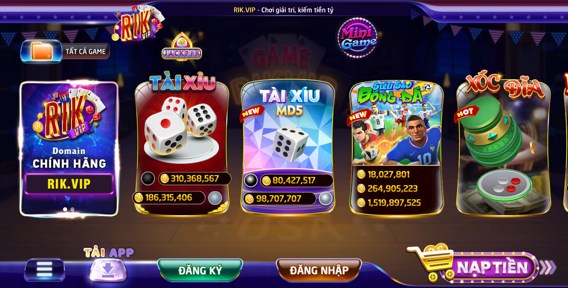 Giao diện cổng game Rikvip khi xem trên ứng dụng điện thoại